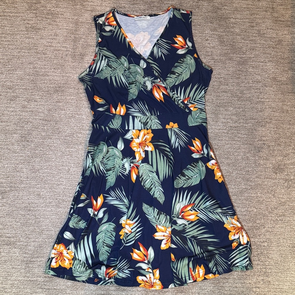 Floral Print Midi Dress - Navy and Orange
